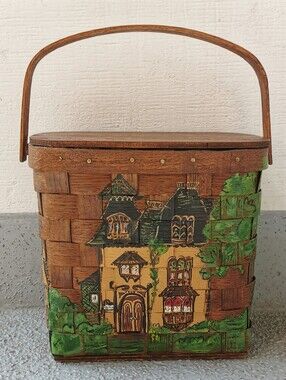 Vintage Handcrafted Hand Painted Artist Signed Folk Art Woven Wood Basket